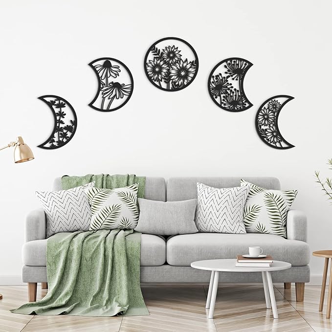 Jetec 5 Pcs Moon Phase Wall Art Decor Wall Pediments Hanging Wooden Phase Spiritual Bedroom Nordic Boho Lunar Aesthetic Art for Living Room Dorm Apartment Ornament (Black,10.6 Inch,Flower)