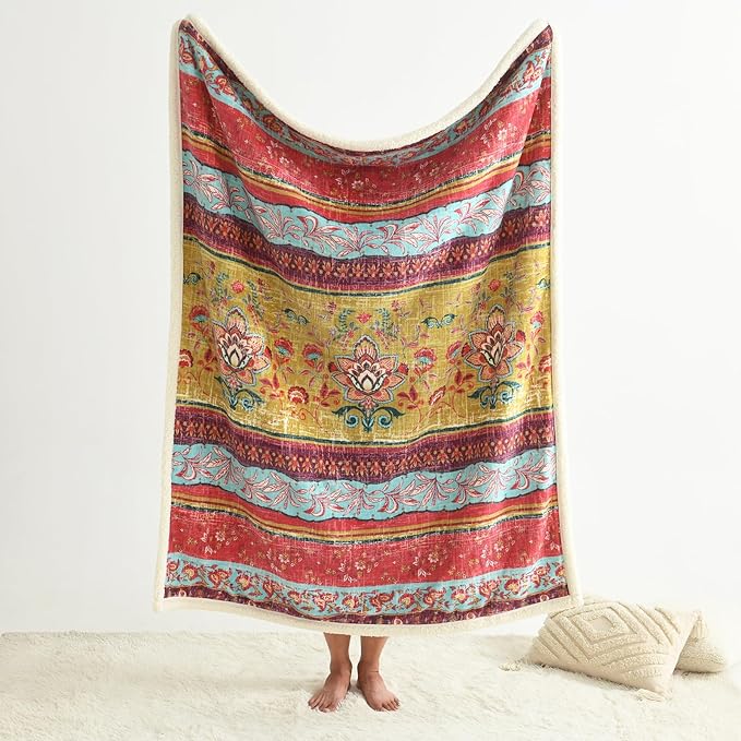Boho Chic Sherpa Throw Blanket - Vibrant Bohemian Print & Ultra-Soft Cozy Lining, Stylish & Warm Winter Throw for Couch, Bed, or Décor