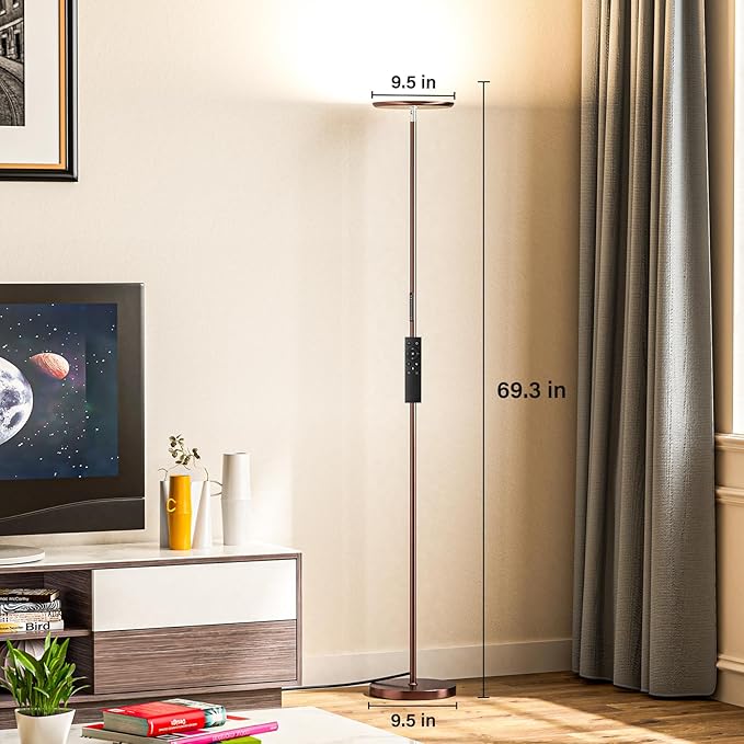 Modern LED Floor Lamp - Remote & Touch Control, Sky Torchiere Standing Lamp, Fully Dimmable, 3 Color Temperatures, Ideal for Living Room & Bedroom, Easy to Assemble(Brown)
