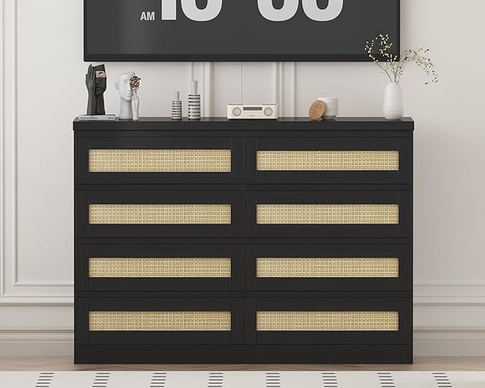 47 Inch Rattan 8 Drawer Dresser, Modern Farmhouse Chest of Drawers, Tv Stand Dresser Accent Furniture for Living Room, Bedroom, Entryway