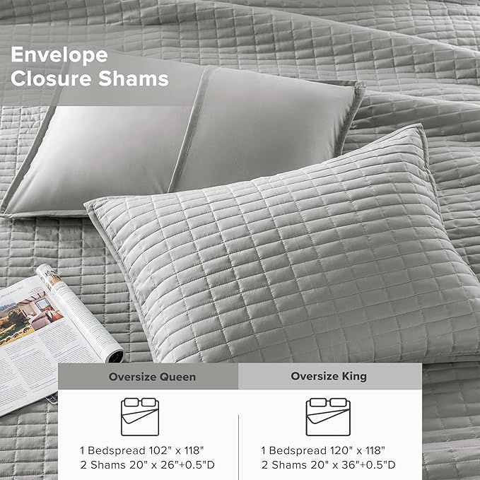 Comfort Spaces Grey Oversized Queen Quilt Set 102"x118" Bedspread Quilted Summer Lightweight Microfiber Bedding Coverlet with Double Sided Stitching Soft All Season Cozy 3 Piece with Matching Shams