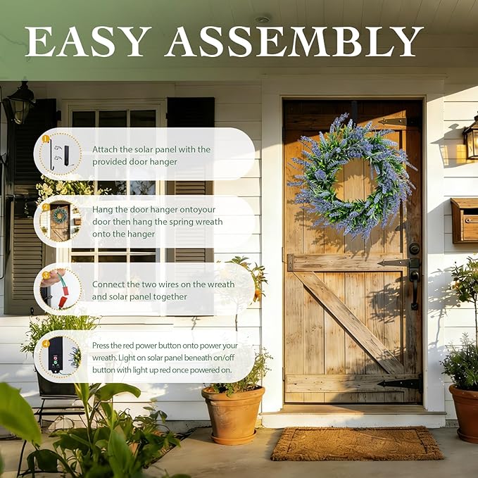 Solar Spring Wreath for Front Door 24inch 50LED Pre-lit Wreaths Spring Summer Decorations Artificial Wreath Purple Lavender Flower for Outside Home Festival Farmhouse Decor(2401)