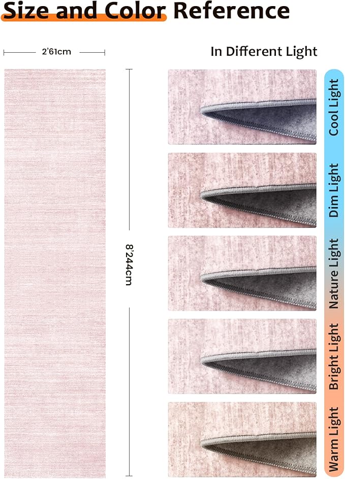 Art&Tuft Non-Slip Runner Rug - 2x8 Runner Rug Washable Low-Pile Rugs Runners, Soft Distressed Carpet Runner for Bedroom Bathroom Kitchen Laundry Living Room, Lightpink