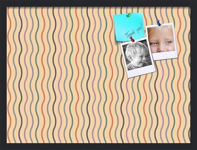 PinPix 27x20 Inch Cork Bulletin Board. This Decorative Framed Pin Board Comes with Multi Color Waves Design and a Satin Black Frame. Ideal for Home Office Decor or Message Board (PinPix-565)