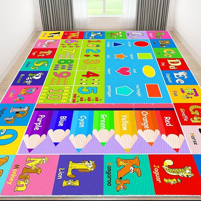 Kids Alphabet Play Game Rug - 9'x12' ABC Numbers and Shapes Educational Learning Toddler Carpet - Kids Room Playroom Classroom Kindergarten Activity Fun Soft Non-Slip Mat