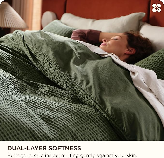 Bedsure Cotton Duvet Cover Full - 100% Cotton Waffle Weave Olive Green Duvet Cover Set, GentleSoft™ and Breathable Bedding Set for All Season, 3 Pieces, 80"x90"