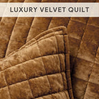 RECYCO Luxury Velvet Quilt Set Full Queen Size Bedding Sets, Ultra Soft Velvet Comforter Set, Lightweight Channel Box Stitch Oversized Bedspread Coverlet for All Season, with 2 Shams, Caramel Gold