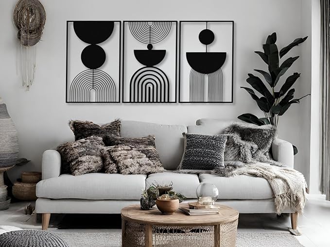 Vailla Boho Minimalist Wall Art, Set of 3 Wooden Wall Decoration, Mid-Century Modern Wall Decor, Large 3D Textured Sculptures, Bohemian Style - Ideal for Living Room, Bedroom, Bathroom