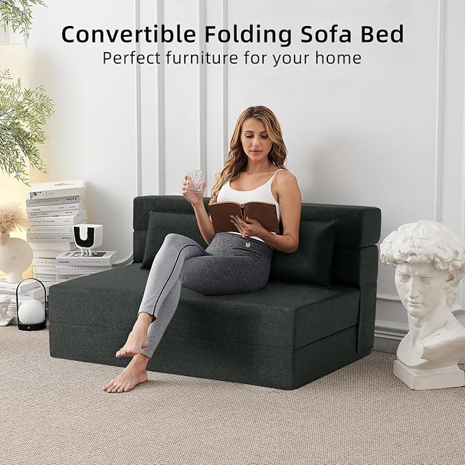 FILUXE Convertible Folding Sofa Bed - Sleeper Chair with Pillow, Modern Linen Fabric Floor & Futon Couch, Foldable Mattress for Living Room/Dorm/Guest Use/Home Office/Apartment, Queen Size, Dark Gray