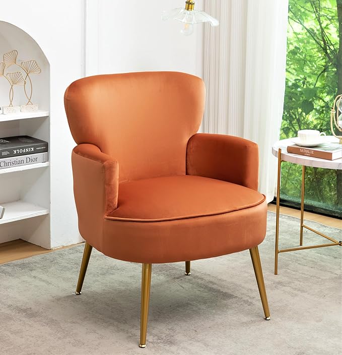 Trendy Velvet Accent Chair with Gold Metal Legs, Upholstered Armchair for Small to Mid-Size Spaces, Modern Living Room, Bedroom, Vanity Desk and Entryway, Red Orange