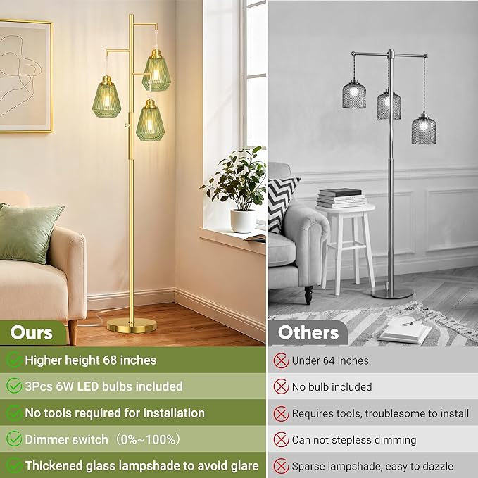 QiMH Glass Floor Lamps for Living Room, Tree Standing Lamp with Stepless Dimmable, 68" Modern Tall Lamps for Bedroom Home Office, Rotary Switch, 3 LED Bulb Included, Brushed Gold