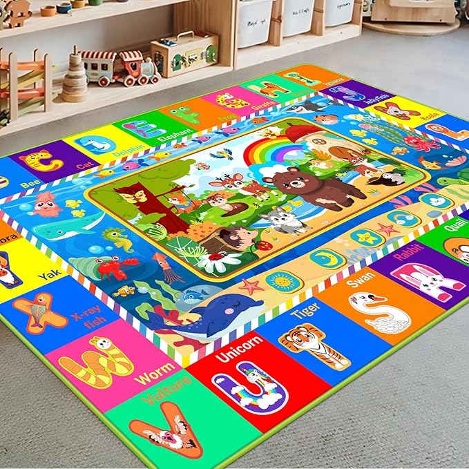 Baby Play Mat for Floor, ABC Kids Play Mat, Forest Animals Kids Rugs for Girls and Boys Playroom, Foldable Rug for Baby Toddler Infants Crawling Playing (Green, 78.7X59 INCH)