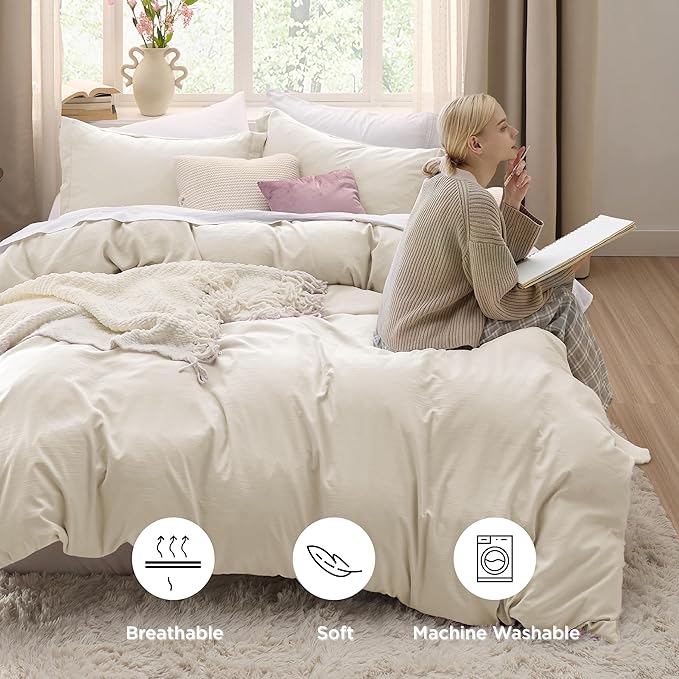 Bedsure Oat Milk Duvet Cover Queen Size - 3 Pieces Prewashed Cotton-Like Extra Soft Bedding Set, Includes 1 Duvet Cover 90x90 Inches with Zipper Closure & 2 Pillow Shams, Comforter Not Included