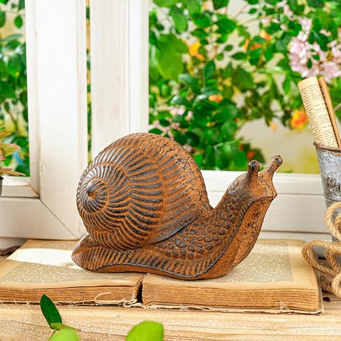 Sungmor Cast Iron Snail Statue, Vintage Animal Collection Figurines, Home Office Table Decor, Paperweight, Doorstop, Garden Lawn Cute Ornament, Rust Finish