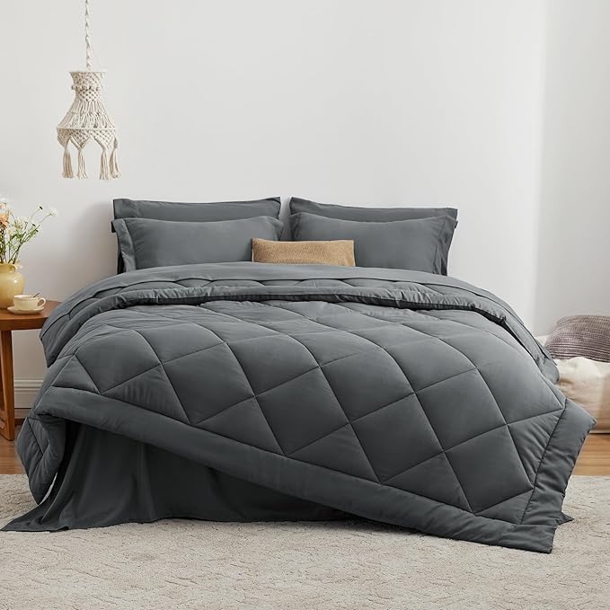 Love's cabin Oversized Queen Comforter Set Dark Grey, 7 Pieces Queen Bed in a Bag, All Season Queen Bedding Sets with 1 Comforter, 1 Flat Sheet, 1 Fitted Sheet, 2 Pillowcase and 2 Pillow Sham