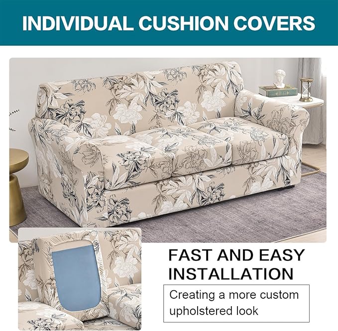 KRFOONN 4 Piece Stretch Sofa Couch Covers for 3 Cushion Couches Printed Sofa Slipcover with 3 Separate Seat Cushion Covers Washable Sofa Slip Covers Furniture Protector for Pets Kids (Large, 26)
