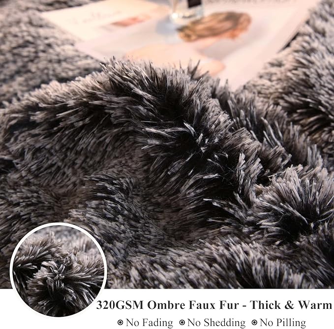 XeGe Plush Shaggy Duvet Cover Set, Luxury Ultra Soft Crystal Velvet Fluffy Bedding Sets 3 Pieces(1 Furry Faux Fur Comforter Cover + 2 Fuzzy Faux Fur Pillow Cases), Zipper Closure(Queen, Black Ombre)