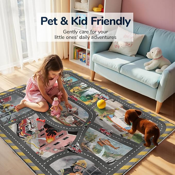 4x6ft Kids Fire Department Missions Play Rug,Non-Slip Faux Wool Carpet with Interactive Fire Department Missions Design for Playroom, Bedroom, Nursery Gift