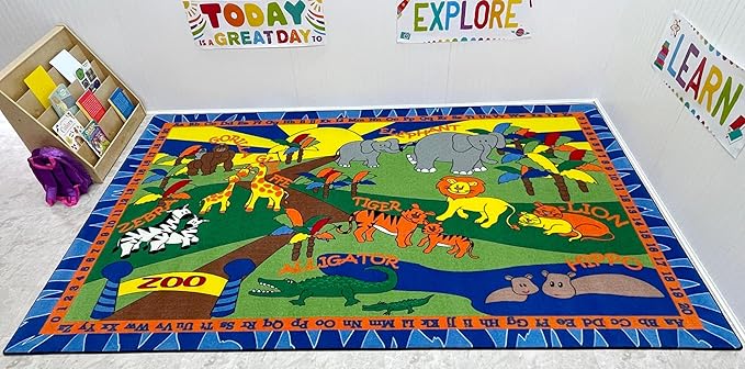 KIDCARPET.COM Animals at The Zoo Rectangle Classroom Rug | Bordered Area Rug for Preschool Daycare Learning, 7'6" x 12'