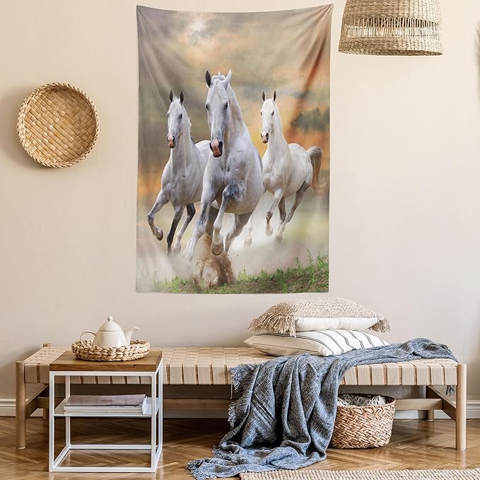 Ambesonne Horses Tapestry, Stallion Horses Running on a Sky Background Male Champions Print, Fabric Wall Hanging Decor for Bedroom Living Room Dorm, 30" X 45", White Orange