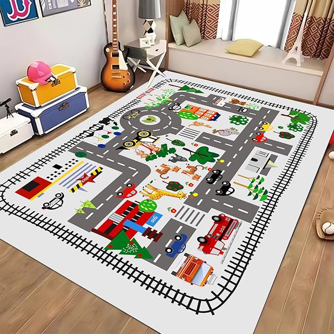 5x7ft Kids Town Road Play Rug - Car Playmat, Kids Rugs for Playroom Car Mat Town City Road Traffic Rugs, Extra Large Boys Kid Cars Track Play Rug (Style Five, 78.7X 59 INCH)