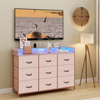 EXOTICA Pink Dresser with LED Light for Girls Bedroom 9 Drawer Dressers with Charging Station Chests of Drawers for Living Room Entryway Closet Hallway Sturdy Steel Frame Wooden Top Easy Pull Handle