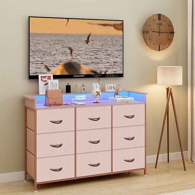 EXOTICA Pink Dresser with LED Light for Girls Bedroom 9 Drawer Dressers with Charging Station Chests of Drawers for Living Room Entryway Closet Hallway Sturdy Steel Frame Wooden Top Easy Pull Handle