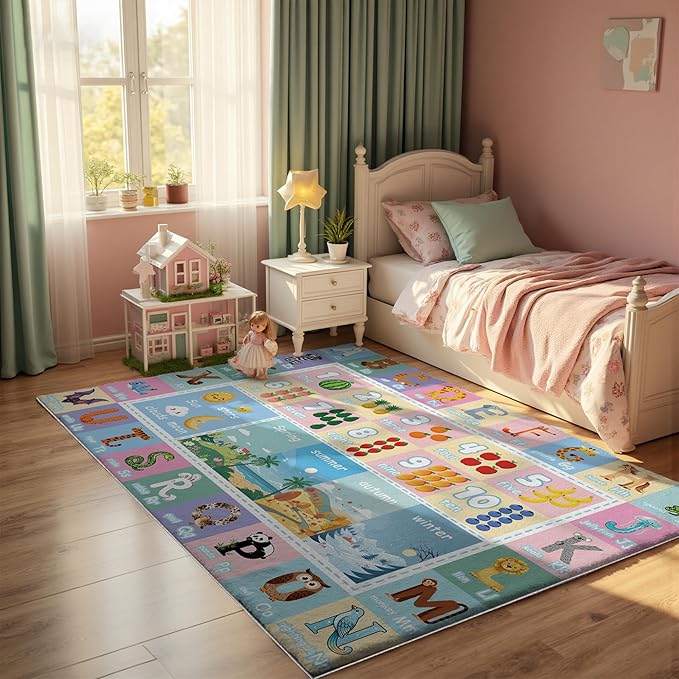 5x7ft Kids ABC Animals Education Rug - Non-Slip Faux Wool Carpet with Interactive ABC Animals Design, Educational Mat for Kids, Bedroom Playroom Nursery Gift.
