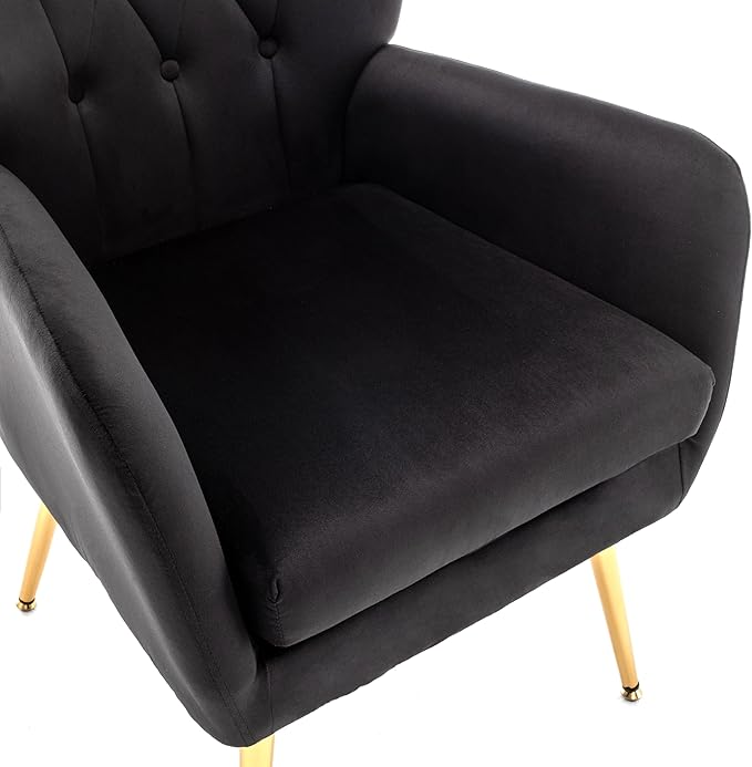 Modern Chic Mid-Century Velvet Accent Armchair for Living Room, Bedroom, or Home Office, Button-Tufted Wingback Design with Gold Flared Legs, Black