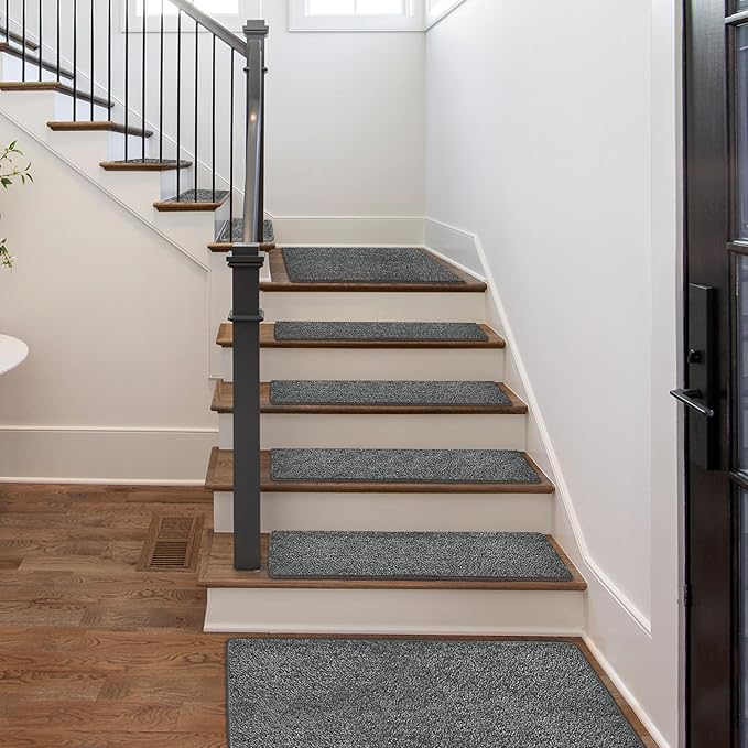 PURE ERA Carpet Stair Treads Tape Free Non Slip Indoor Stair Carpet Stair Protectors Pet-Friendly Non-Slip Skid Resistant Washable Reusable 8" x 30"(2 Pieces,Dark Gray)