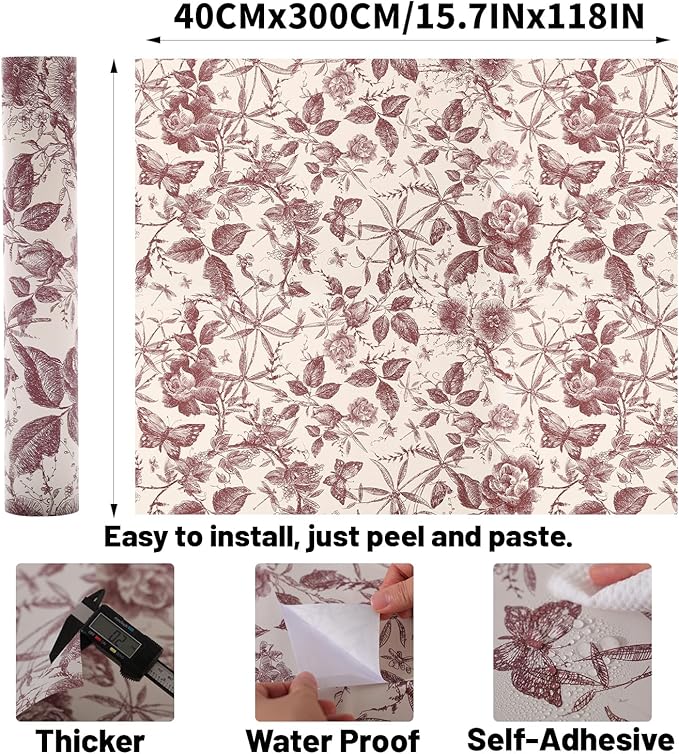 Drawer Liner Contact Paper for Dresser Drawers Peel and Stick Wallpaper Sketched Design 15.7x118in Self Adhesive Removable Red Maroon Rose Floral Butterfly Vintage Cabinet Shelf Renter Friendly