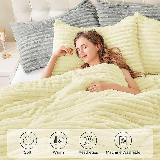BEDELITE Fleece King Comforter Set -Super Soft & Warm Fluffy Transparent Yellow Bedding, Luxury Fuzzy Heavy Bed Set for Winter with 2 Pillow Cases