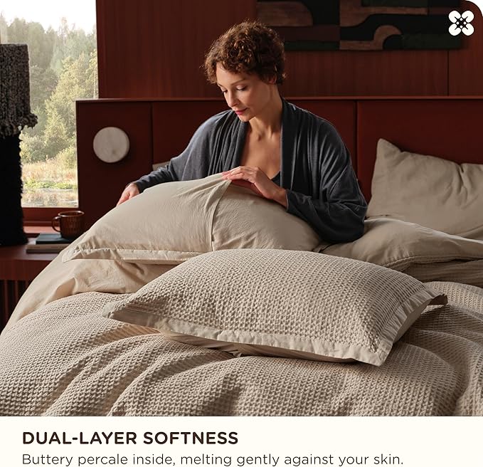 Bedsure Cotton Duvet Cover Set - 100% Cotton Waffle Weave Khaki Duvet Cover California King Size, GentleSoft™ and Breathable Cal King Tan Bedding Set for All Season, 3 Pieces, 104"x98"