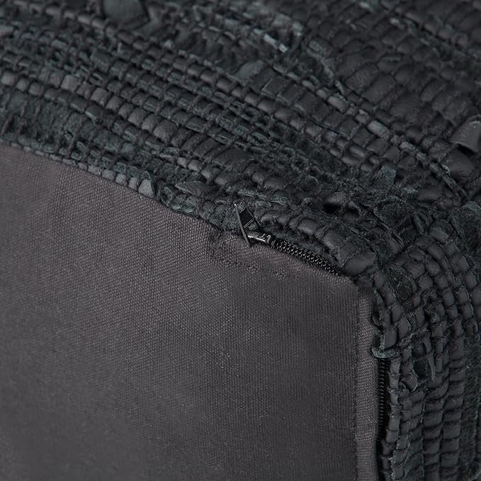 SIMPLIHOME Fredrik Square Pouf - 18 inch Wide Genuine Woven Leather Ottoman in Black, Boho-Style Footstool or Extra Seating for Living Room or Bedroom with Polystyrene Bead Filling, Assembled