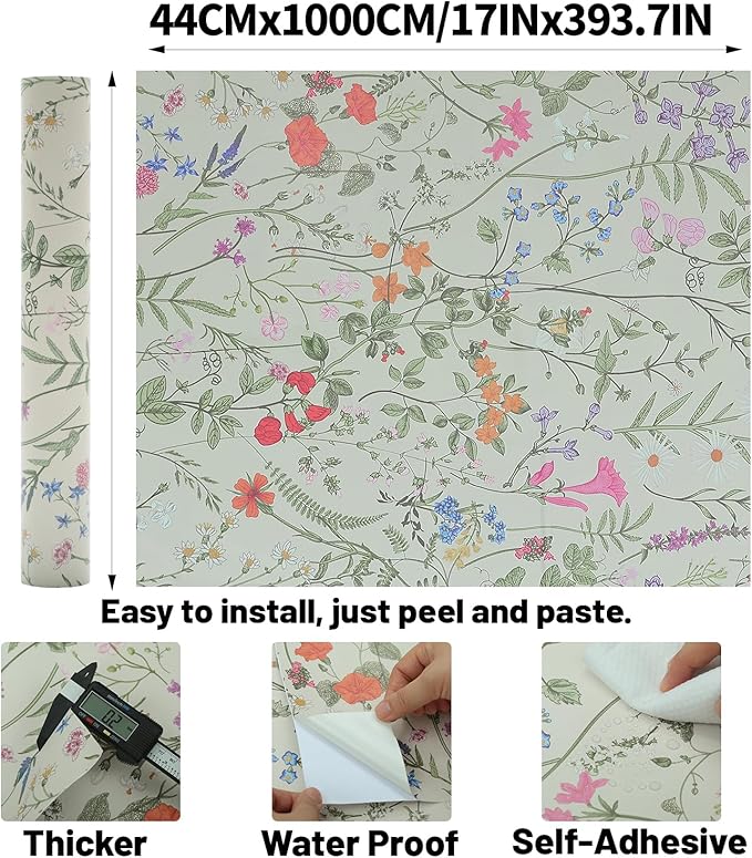 Wallpaper Peel and Stick - 17.5INX393.7inch Wallpapers Bloom Wall Paper Vintage Flower Vinyl Peel and Stick Wallpaper Cabinet Contact Paper, Modern Wallpaper for Home Deco
