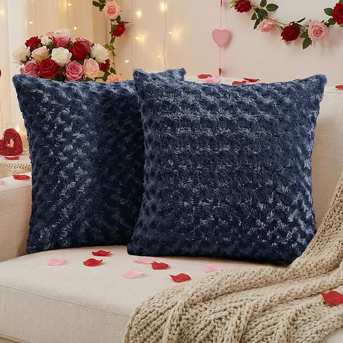 FUTEI Navy Blue Decorative Throw Pillow Covers 22x22 Inch Set of 2,Soft Solid Rose Swirl Textured Cushion Case,Valentine's Day Decor for Couch Living Room