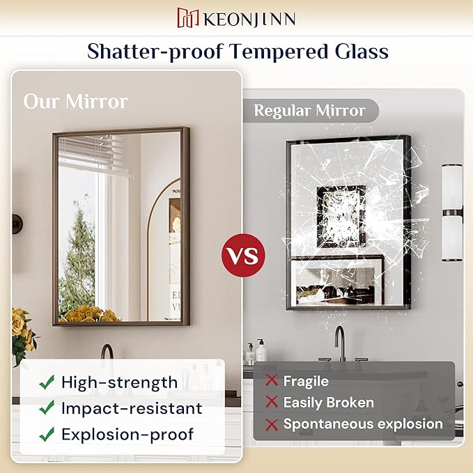 Keonjinn 24 x 36 Inch Bronze Mirror for Bathroom, Stainless Steel Framed Wall Mounted Mirrors, Anti-Rust, HD Tempered Glass, Shatter-Proof, Rectangle Bathroom Vanity Mirror, Modern Style Frame
