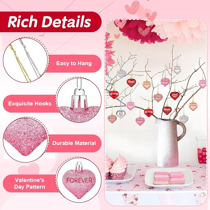 43Pcs Valentine's Day Heart Shaped Ornaments with Valentine Tree Topper Bow, 13 Styles Heart Shaped Ornament with Sweet Love Words, Valentine Ornaments for Tree Wedding Anniversary Decoration