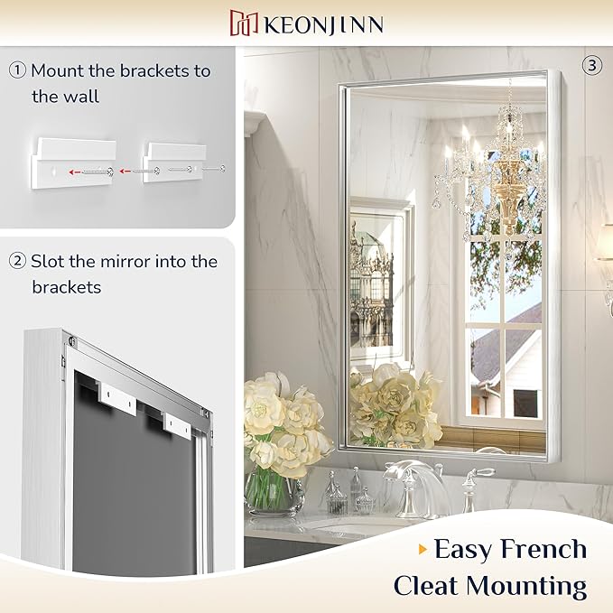 Keonjinn Brushed Silver Bathroom Mirror 24 x 36 Inch, Silver Rectangle Wall Vanity Mirror, Metal Framed Modern Rectangular Mirrors, Decorative Square Corner Farmhouse Mirrors(Horizontal/Vertical)