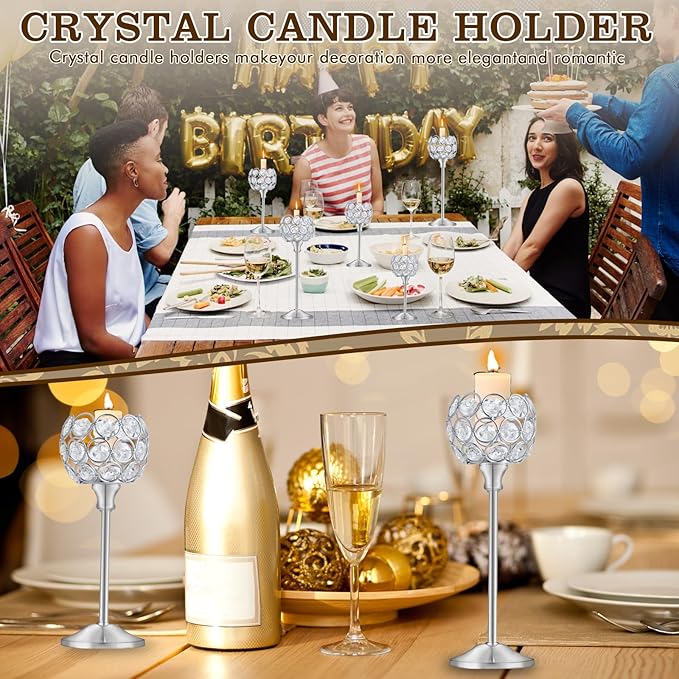 Crystal Metal Tealight Candlestick, Bling Bowl Candelabras, Tall Crystal Candle Holders Elegant Candle Centerpiece for Dining Table Wedding Home Mantel Decor (Silver, 2 Sets(6 Pcs))