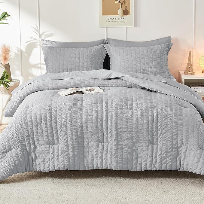 HYMOKEGE Light Grey California King Comforter Set Seersucker 7 Pieces, All Season Luxury Bed in a Bag for Bedroom, Bedding Set with Comforters, Sheets, Pillowcases & Shams