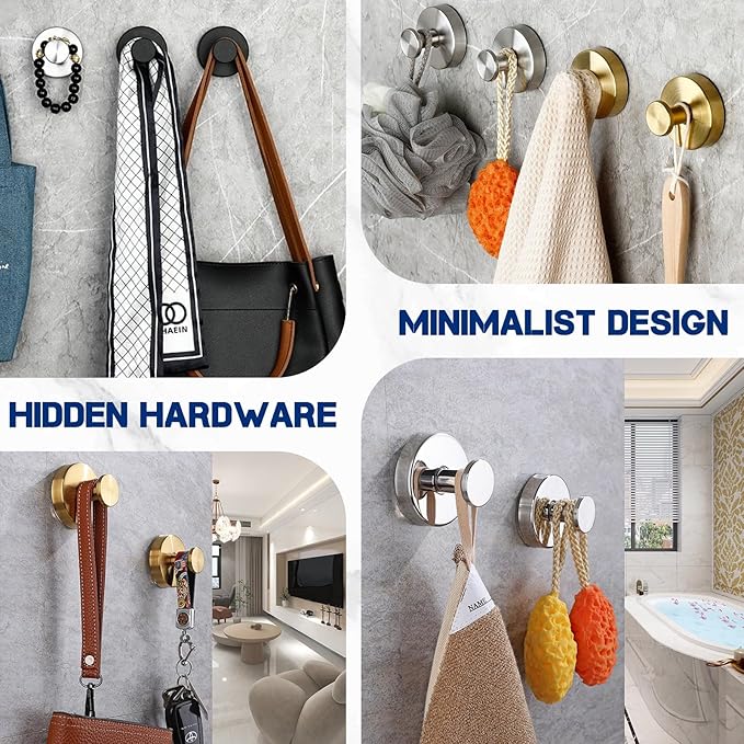 Removable & Reusable Suction Cup Hooks for Shower, Heavy Duty No-Drill Cup Hooks for Towels, Robes, Loofah–Wreath Hangers for Front Doors,Doors & Smooth Surfaces (Silver, 4 Pack)