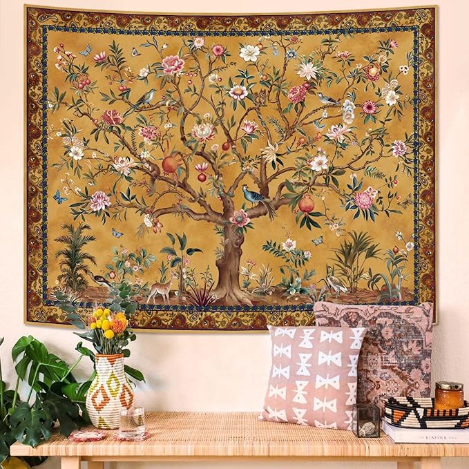 Faxdong Boho Tree of LIfe Tapestry, Vintage Flower Leaves Birds Plant Animal Pattern Tapestries, Retro Indian Bohemian Aesthetic Wall Hanging Orange Yellow 36×48 inch