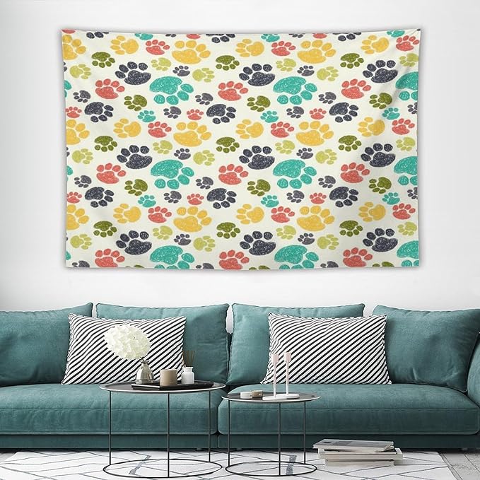 VUMIVI Dog Paw Tapestry Hand Painted Colorful Animal Footprints Doodle Kids Painting Tapestry Wall Hanging for Living Room Bedroom Dorm Classroom Aesthetic Decor W60xL40in