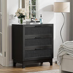 Anmytek 35" H Black Rattan Dresser, Farmhouse 3 Drawer Dresser with Natural Rattan Spacious Chest of Drawers for Living Room, Nursery, Hallway H0096