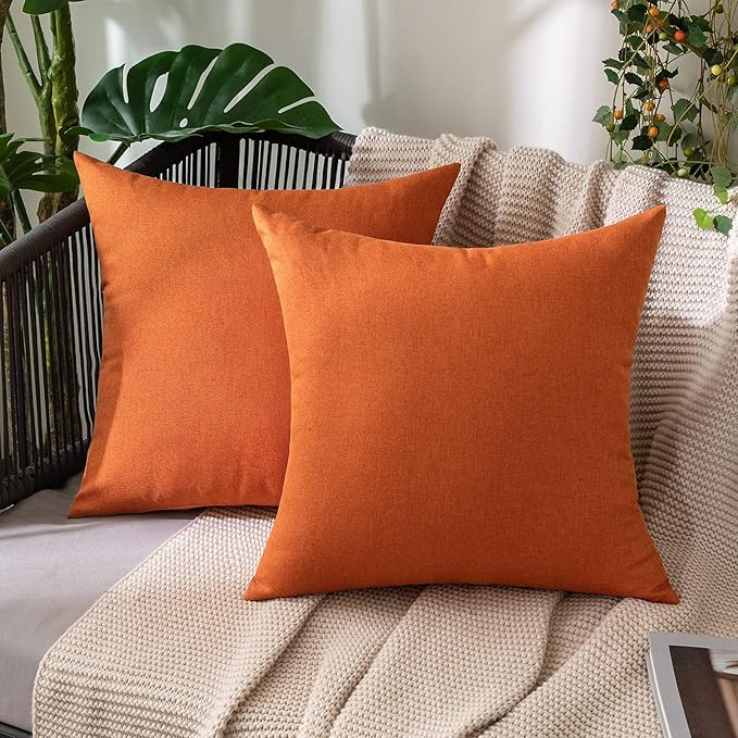 MIULEE Pack of 2 Decorative Outdoor Solid Waterproof Throw Pillow Covers Faux Linen Garden Farmhouse Cushion Cases for Summer Patio Tent Balcony Couch Sofa 12x12 Inch Orange