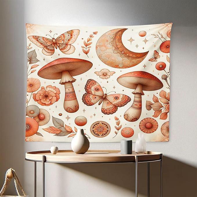 Ambesonne Mandala Tapestry, Medieval Witchcore Art Mushroom Butterfly and Crescent with Leafy Details, Fabric Wall Hanging Decor for Bedroom Living Room Dorm, 28" X 23", Dark Salmon Eggshell
