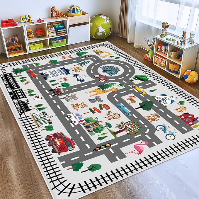 Baby Play Mat, Playroom Rug for Kids, Non Slip Washable Toddler Floor Mat, Car Rug for Kids Toy Cars, City Road Carpet for Playroom Bedroom Boys, Car Track Map Playmat - 3x5ft