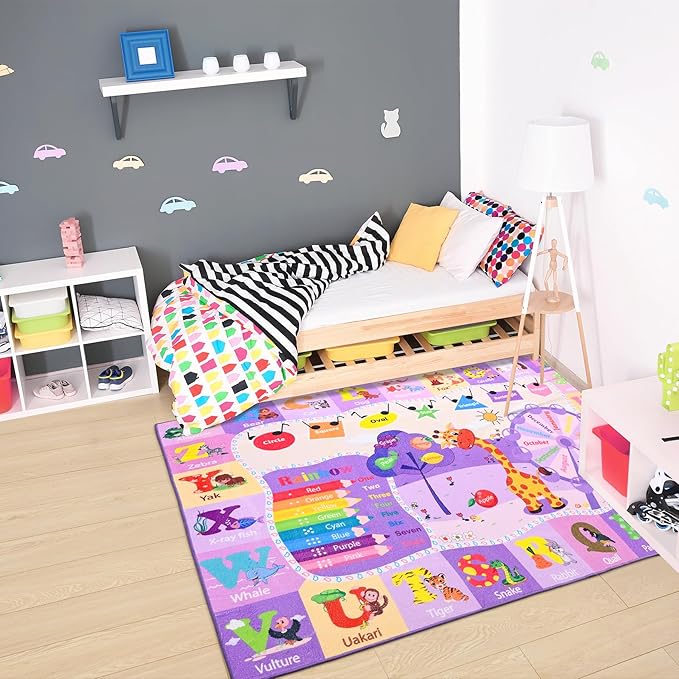 Chicrug Educational Kid Area Rug for Playroom, 4x6 Feet TPR Non Slip Kids Classroom Carpet Rug for Learning ABC Animal, Shape Color Fruit, Washable Play Mat Rug for Children Nursery Toddler Room Decor