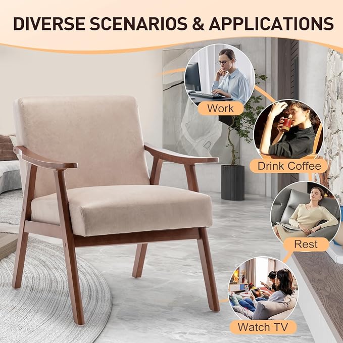 KEIKI Mid-Century Modern Accent Chair with Solid Wood Frame, Velvet Upholstered Chair with Supportive Foam Cushion for Relaxing & Reading
